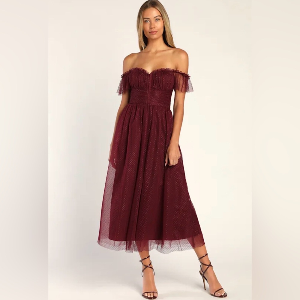 Lulu's Burgundy Off-Shoulder Tulle Midi Dress